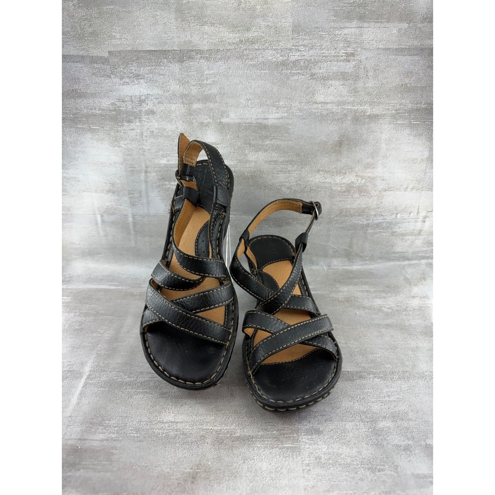 Born Black Leather Strappy Wedge Sandals Opanka Women Sz 6 W31186 BB
